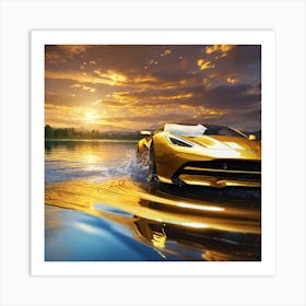 Golden Sports Car In The Water Art Print