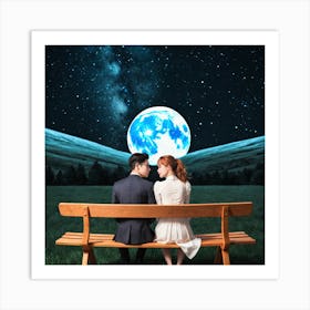 Couple Sitting On A Bench Under The Moon 5 Art Print