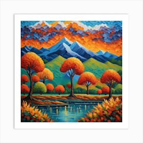 Autumn Reflections: Tranquil Lake Amidst Vibrant Foliage and Snow-Capped Mountains Art Print