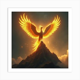 Golden Phoenix Perched Atop A Glowing Mystical Mountain 1 Art Print