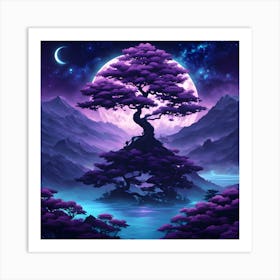 Moonlit Landscape: Tranquil Tree and Mountain Scene Art Print