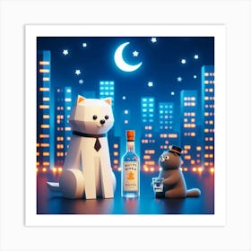 Cat And Bottle 1 Art Print