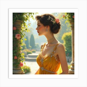 Elegant French Woman In A Luxurious Garden, Watercolor With Opulent Tones 1 Art Print