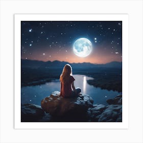 Girl Looking At The Moon Art Print