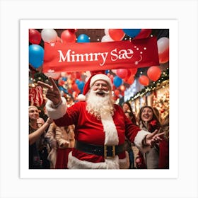 A Festive Christmas Scene With A Cheerful Man Dressed As Santa Claus Holding A Sign Fingers Pointin (3) Art Print