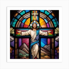Jesus Christ on cross stained glass window 1 Art Print
