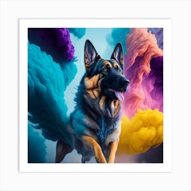 German Shepherd Dog Running Through Colorful Smoke Art Print