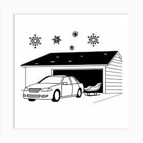 Car In Garage With Snowflakes Art Print