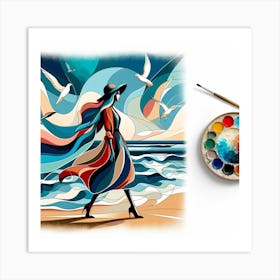 Woman Walking On The Beach Art Print