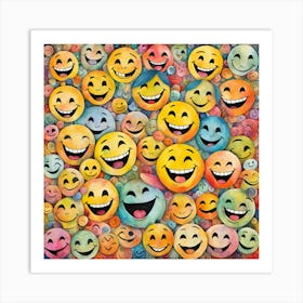 Smiley Faces, Whimsical Collage Featuring An Eclectic Array Of Hand Drawn Smiley Faces Varied In Style 1 Art Print