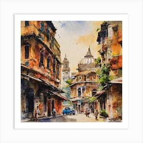 View of the town with people walking Art Print