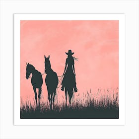 Silhouette Of Cowgirl And Horses Art Print