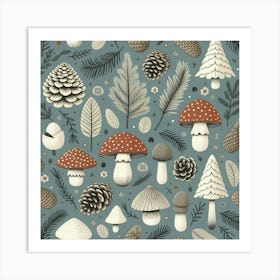 Scandinavian style, pattern with pine cones and mushrooms 1 Art Print