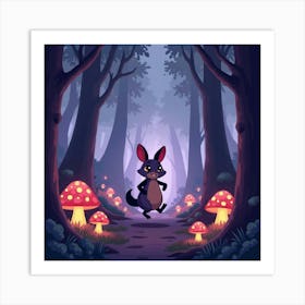 A Wallaby Bounding Through An Otherworldly Forest With Purple Trees And Glowing Mushrooms Art Print