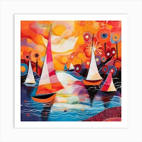 Sailboats At Sunset, Naïve Folk Art Print