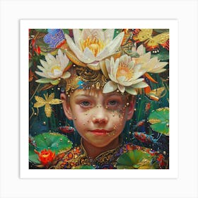 Girl With Water Lilies Art Print