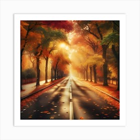 A Picture Of A Street With Trees In Fall Colors And Leaves On The Ground 1 Art Print