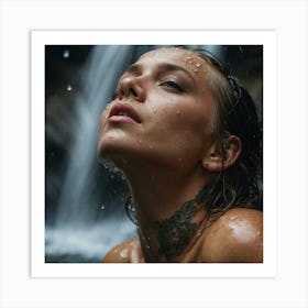 Macro portrait, top-down view, woman aged twenty-five years, tattooed, wet hair, in a waterfall, water, drops, splash Art Print