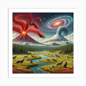 The battle of wolf and dragon volcano's Art Print