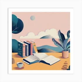 Illustration Of Books And Coffee Art Print