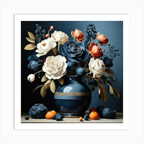 Floral Contemporary Still Life Dark Blue Art Print 1 Art Print