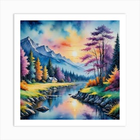 Sunset By The River The Luminous Heart of Mountain Serenity Art Print