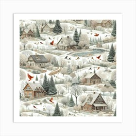 Winter Village With Cozy Houses, Trees And Red Birds Art Print