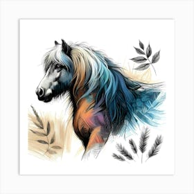 Pony And Plants Creative Color Drawing Art Print