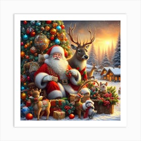 Santa Claus With Reindeer Art Print