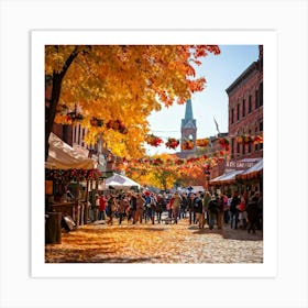 A Quaint Rustic Autumn Festival Scene Where The Dance Of Fiery Oranges Rich Yellows And Deep Reds 1 Art Print