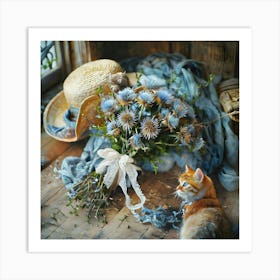 There Is A Rustic Atmosphere On The Old Floor There Is A Bouquet Of Scottish Thistles Light Blue 793962442(3) Art Print