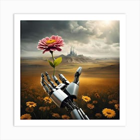 Robot Hand With Flower Art Print