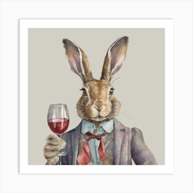 Watercolour Hare with Glass of Red Wine Art Print