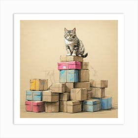 Cat On Boxes Art Print