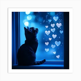 Dreamy Night Sky with Heart Stars Cat Art Print