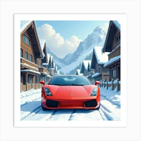 Watercolor Lamborghini Gallardo In A Snowy Alpine Village 1 Art Print