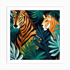 Tiger And Zebra In The Jungle Art Print