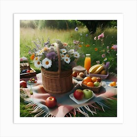 A Picnic On A Green Meadow With A Basket Of Fruits And Flowers Art Print