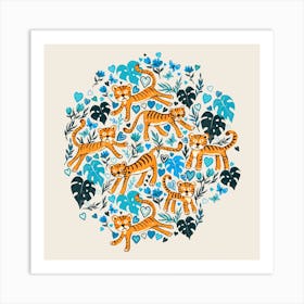 Happy Valentine Tigers In Blue Square Art Print