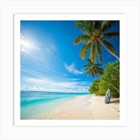 A Sunny Beach In A Tropical Paradise Palm Trees Bending Slightly Above The Turquoise Waters Edge 2 1 Art Print