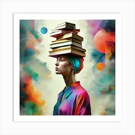 Surreal Harmony: Woman Balancing Books in Art Art Print