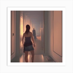 Woman Walking Down Hallway Art Print