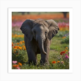 Baby Elephant In A Field Of Flowers Art Print