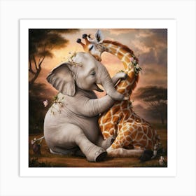 Giraffe And Elephant 1 Art Print