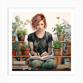 Girl Reading A Book With Plants Watercolour Art Print