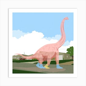 Pink dinosaur ghost, surreal, street scene, illustration, wall art Art Print