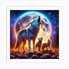 Wolf Howling with Cubs Art Print