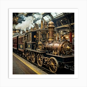 Steampunk Train At Londons Victoria Station Close Up Showcasing Brass Gears And Mechanical Works Art Print