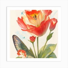 Tulip Rose With A Butterfly Standing On I 1 Art Print