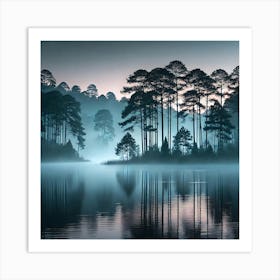 Misty Morning Lake Wall Art: A Peaceful Scene with Pine Trees and Calm Waters for Nature-Inspired Home Decor Print Art Art Print